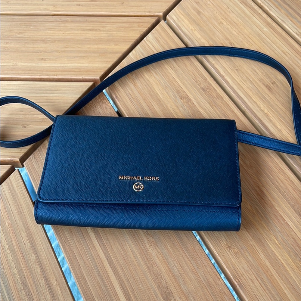 Michael Kors Navy Crossbody Wallet with Gold Hardware